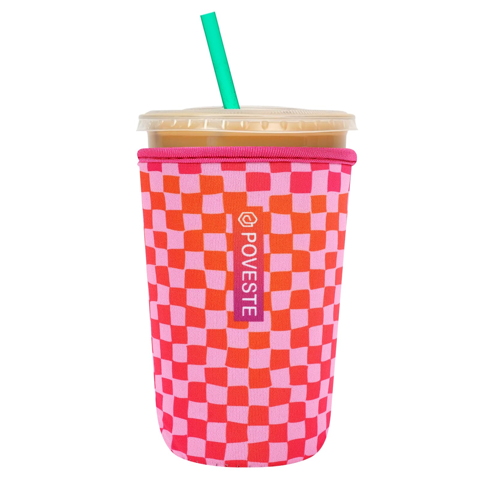 Reusable Neoprene Insulator Sleeve for Iced Coffee &amp; Cold Soda, Coffee Sleeves for Iced &amp; Hot Drinks, Cold Beverage Cooler Compatible with Starbucks, Dunkin (Gradient Cherckerboard, Medium: 22-24oz)