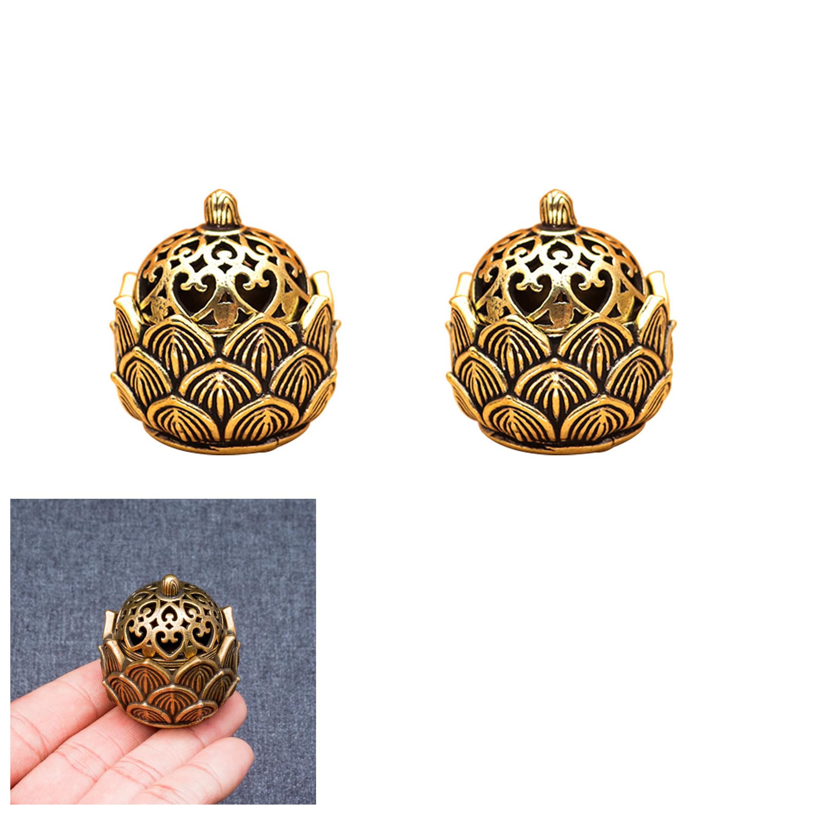 2 Pcs Mini Brass Lotus Flower Incense Holder, Calligraphy Style Closed Incense Burner Desktop Ornament Ash Catcher with Lid for Bedroom Kitchen Teahouse Office Home Decor Yoga Spa Madiation