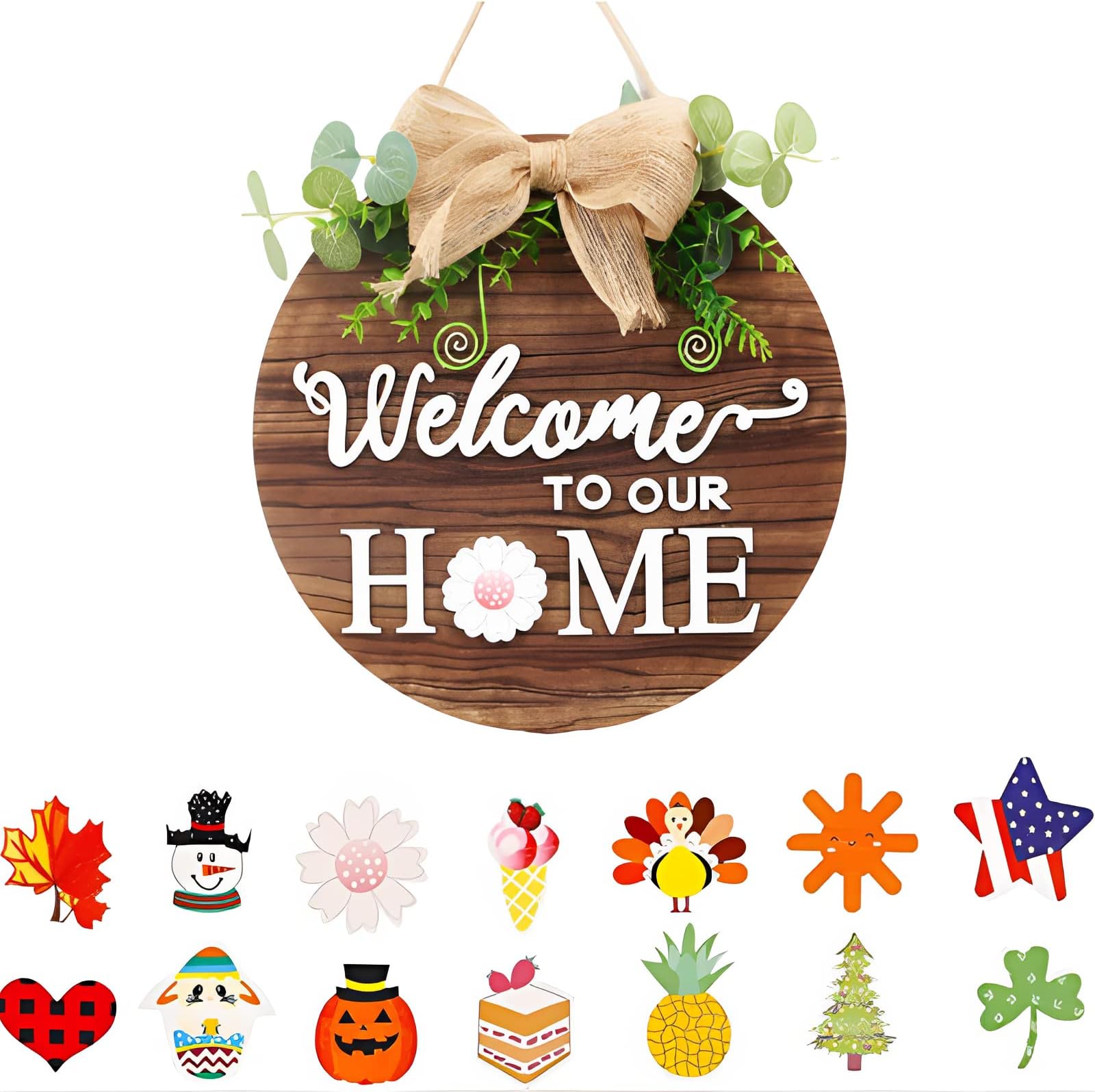 Beauenty Interchangeable Seasonal Welcome Home Sign, Welcome Sign For Front Door, With Replaceable Icons Wood Round Wreath, Used For Holiday Parties, Outdoor, Farmhouse And Porch Home Decoration