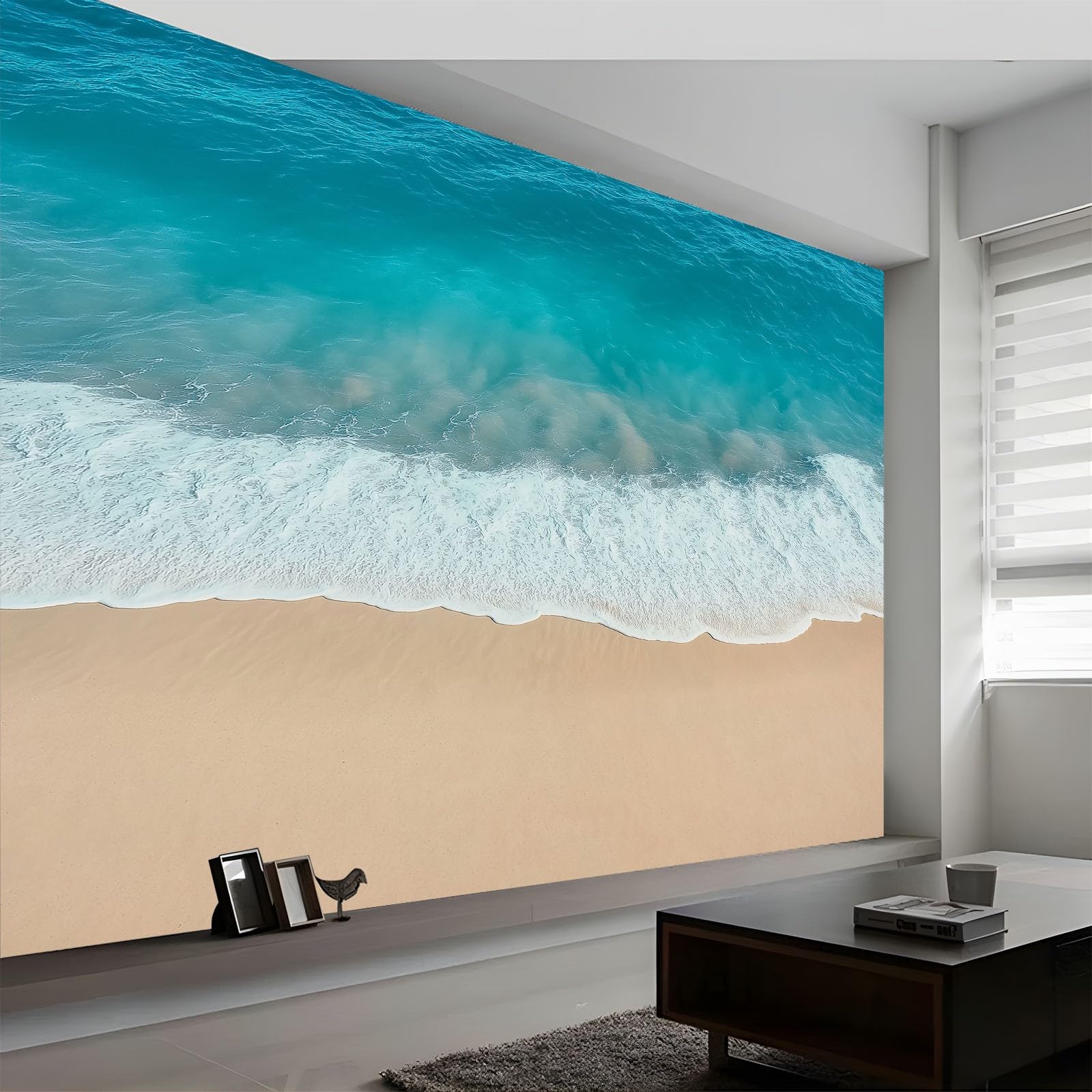 Naturalna plaża woda morze prosta tapeta panoramiczna 3D 400 x 280 cm, fototapeta z włókniny | Dekoracja Fototapeta Sypialnia Niebieska zielona dla dzieci,