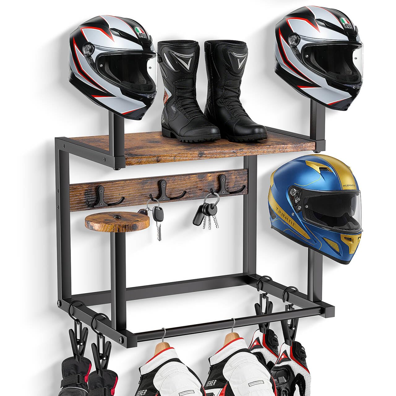 Helmhalter Wandhalterung, Motorradhelmhalter Plattenständer Display Organizer mit 1 Holzschichtbrett, 4 Helmständer und Haken für Motorrad, Fußball, Radfahrerausrüstung