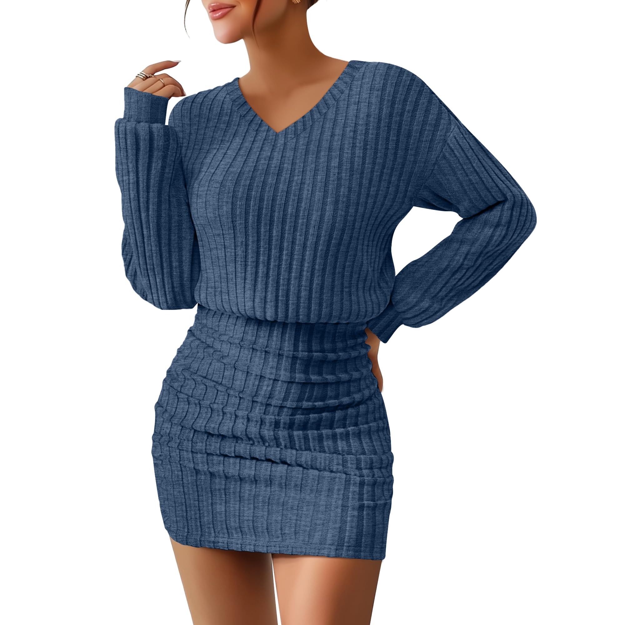 Women's Pullover Sweater Dress Long Lantern Sleeve Ribbed Knit V Neck Ruched Bodycon Mini Dress 2025 Fashion