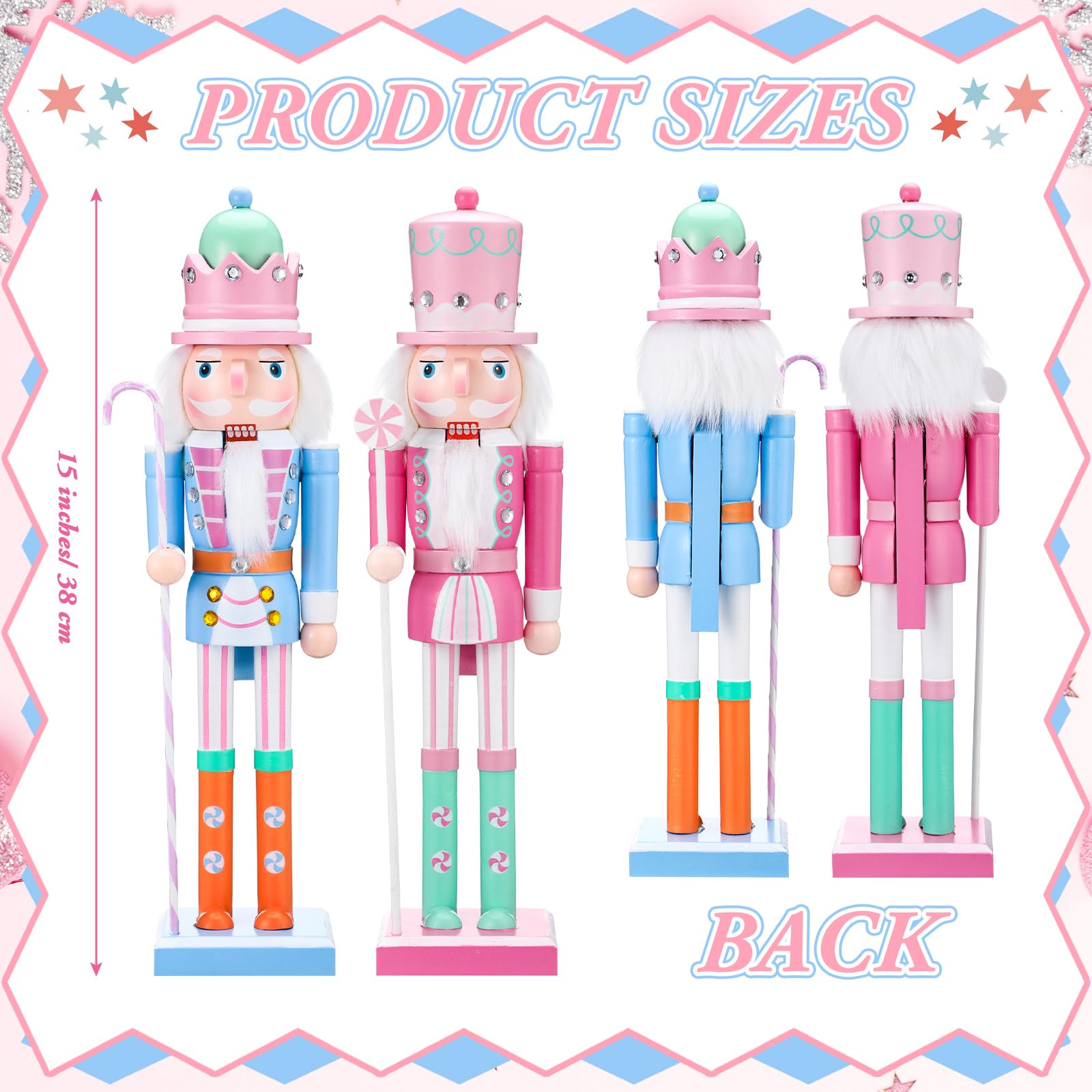 Soaoo 2 Pcs Pastel Nutcracker Christmas Nutcracker Ornament 15''Wooden Pastel Candy Soldier Figures Traditional Nutcrackers Christmas Decor for Desktop Table Collectible Decoration