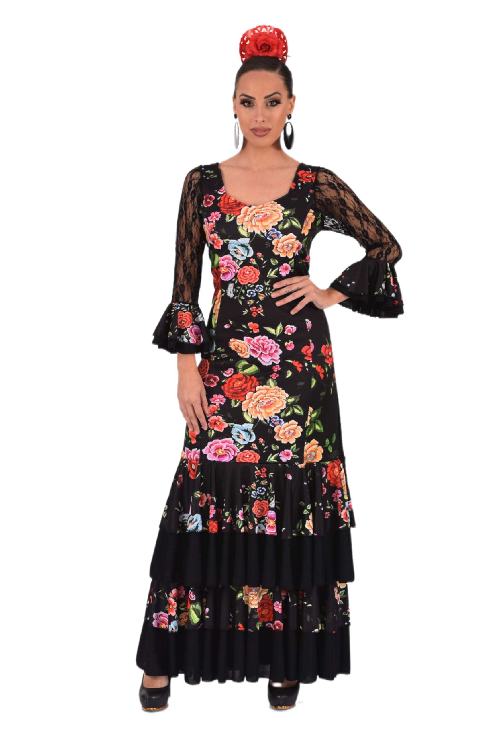 Vestido Flamenco Mujer con Volantes Traje Feria Sevillanas Mangas Encaje Estampado Floral