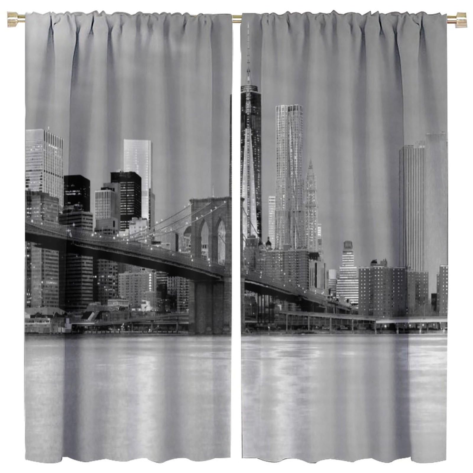 Modern Blackout Window Curtains, Brooklyn Bridge Sunset Manhattan American New York City Famous Town for Living Rooms and Bedrooms Drapes 2 Panels 42x45 Inch, Style-4