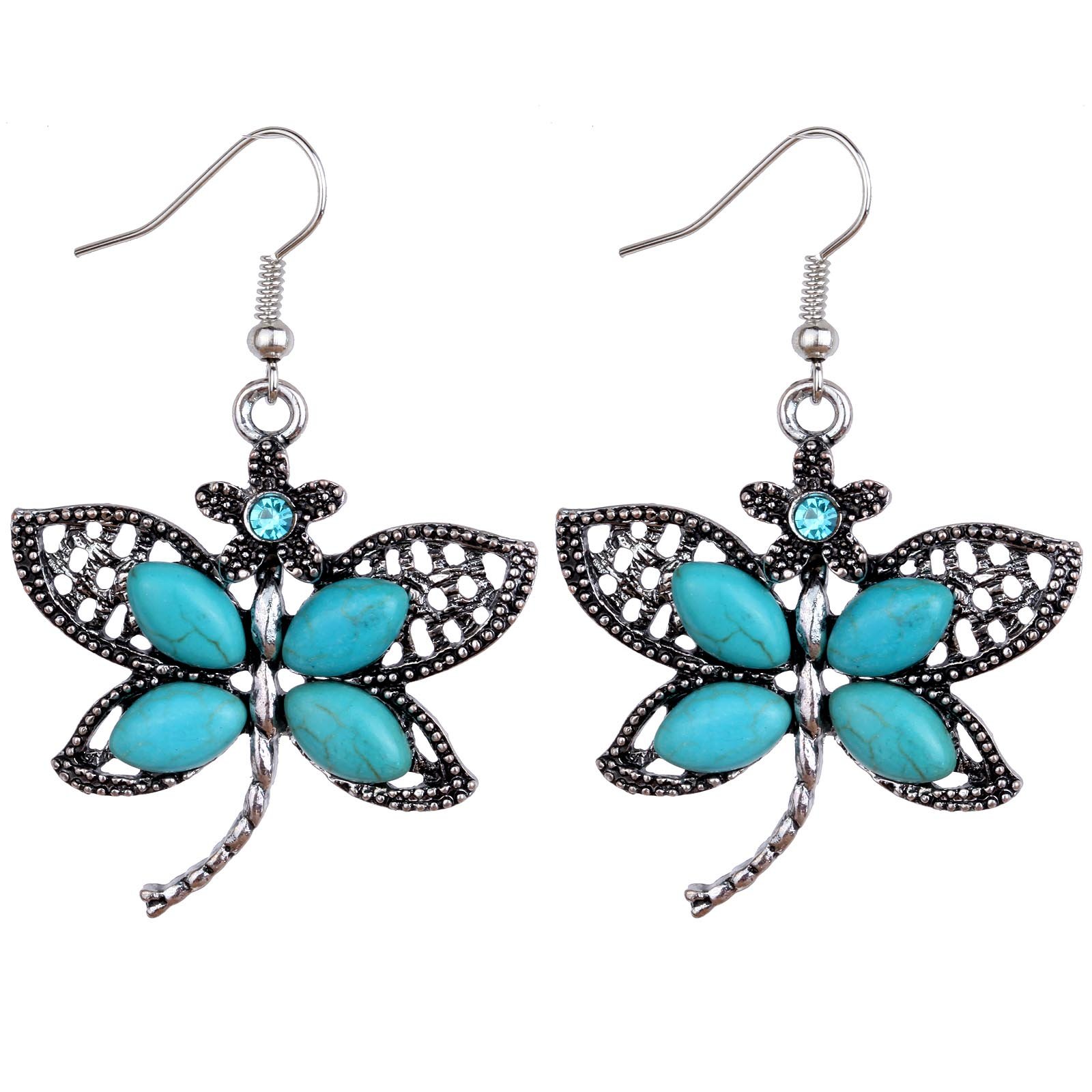 Cute Dragonfly Tibetan Silver-plated Turquoise Drop Dangle Earrings