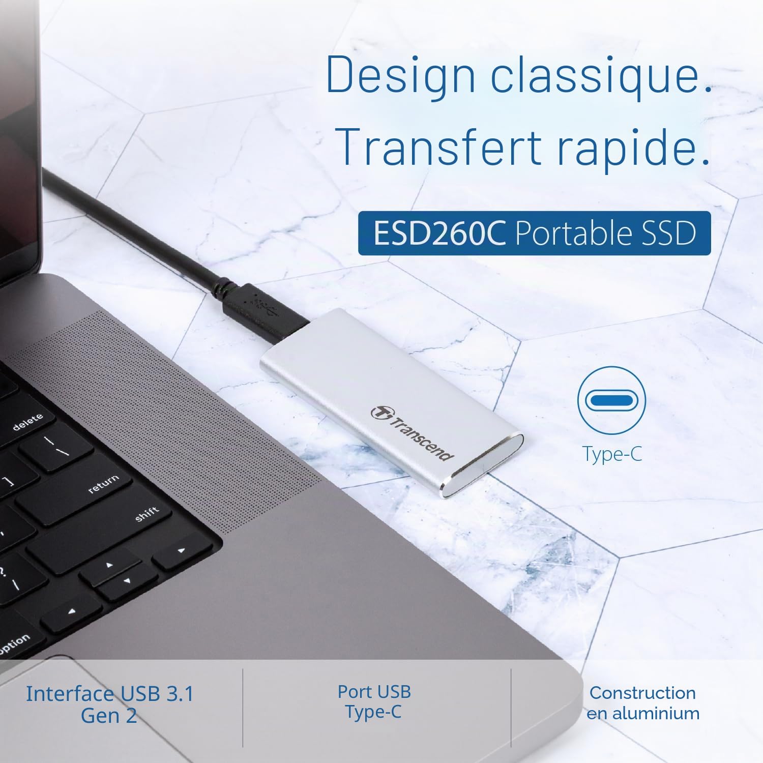 Transcend 250Go ESD260C SSD Portable, 520Mo/s, Aluminium, USB-C, Argent