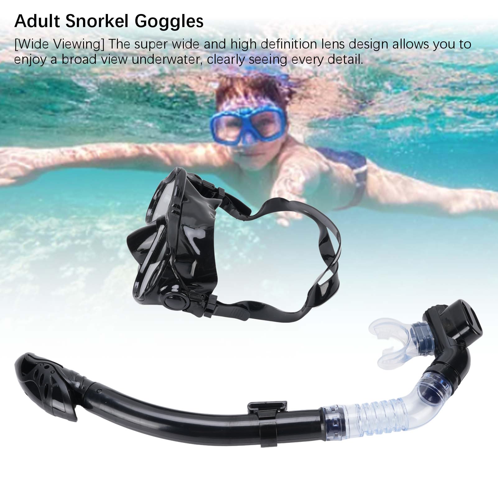 Tempered Glass Lens, Wide Viewing Comfortable Adult Snorkeling Gear with Dry Snorkel for Underwater Diving (1)