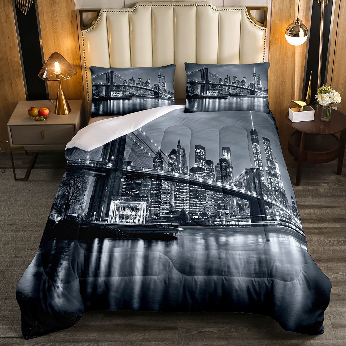 Feelyou Brooklyn Bridge Soft Comforter Set Kids New York City Black and White Bedding Set Famous Town Image Quilt Set Decor Bedroom Collection 3Pcs Queen Size