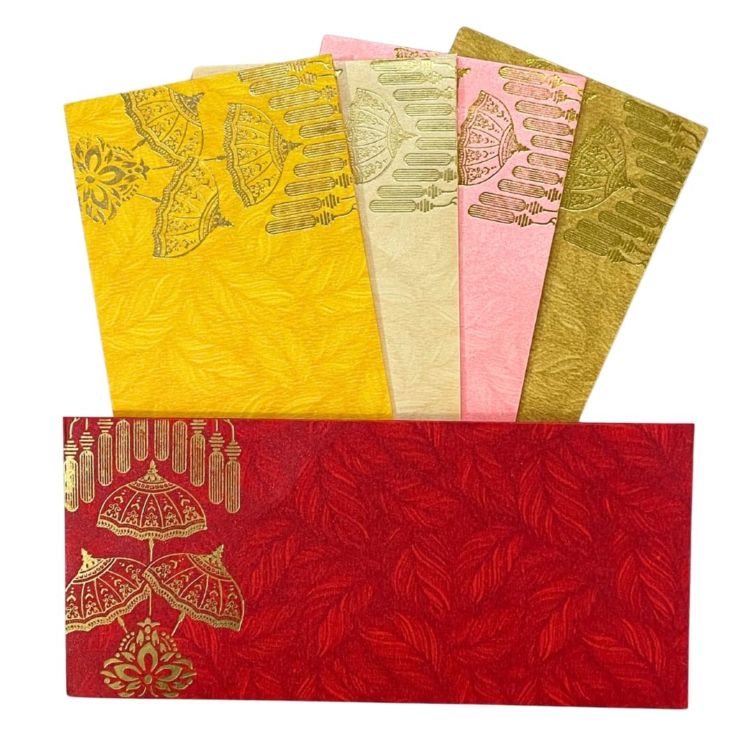 Vanya Creations Pack of 50, Rectangle Shape Metallic Paper Shagun Envelopes for Gifting Sagan Lifafa Wedding Occasion Cash Money, 18 X 8 cm, Multicolored 5 Colours of 10 Each - Umbrella Design