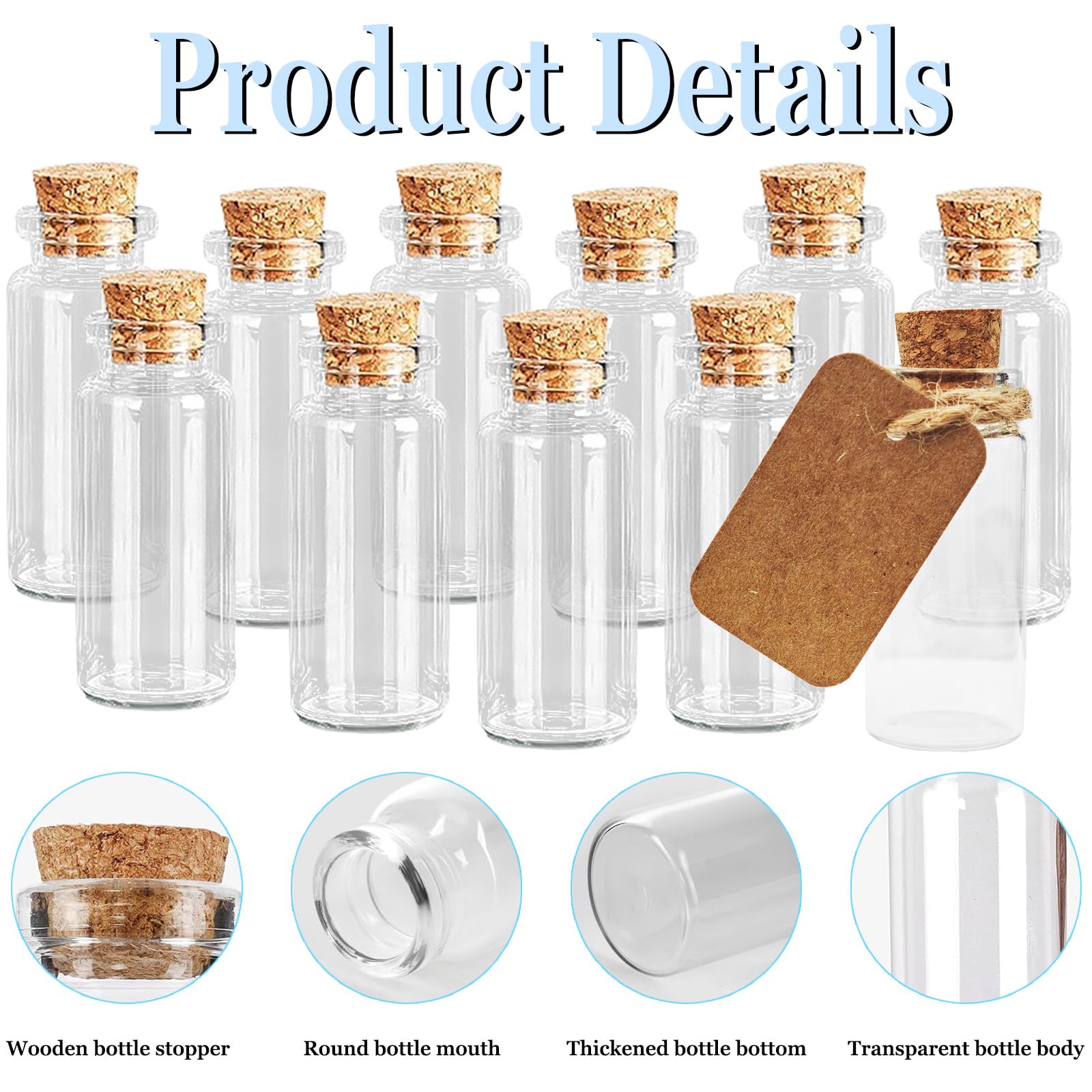 20 mini tappi in sughero da 10 ml, con 30 etichette e 30 corde di canapa, bottiglie desiderabili, provette con tappo in sughero, mini bottiglie di vetro per feste di nozze, decorazione,