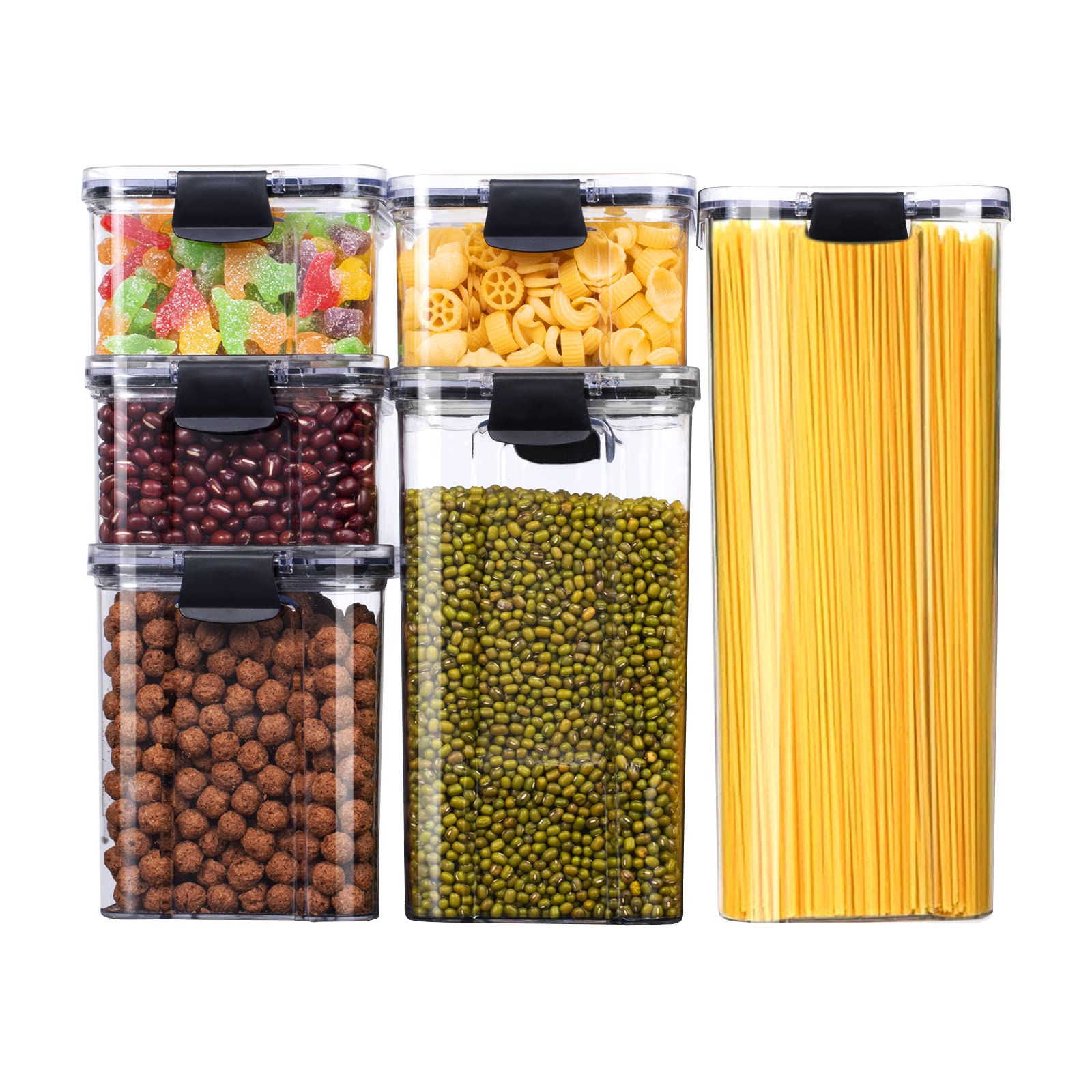 6 PCS Plastic Airtight Food Storage Containers, Kitchen and Pantry Organization Canisters, for Bulk Food Storage with Easy Lock Lids for Cereal, Rice, Flour and Sugar, Includes 10 Fresh-keeping bag