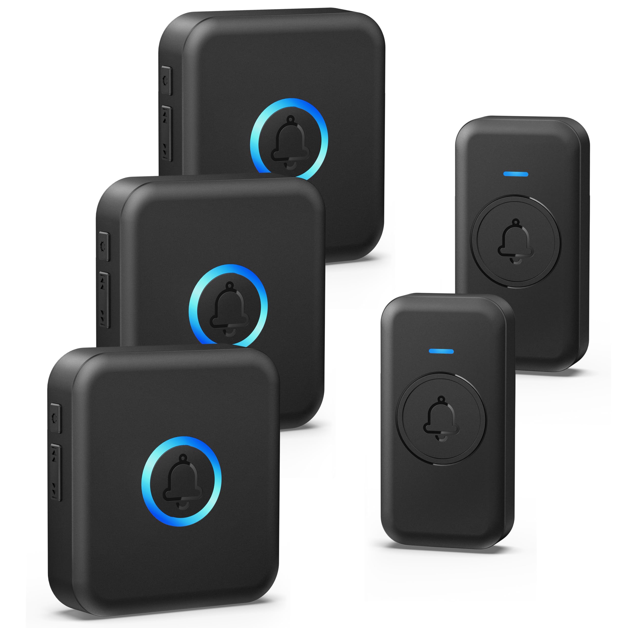 FOVKSUC - Kit de timbre inalámbrico con 60 campanas, 5 niveles de volumen y flash LED de 300 m, 3 receptores + 2 botones de timbre para casa, aula, oficina, hospital, color negro
