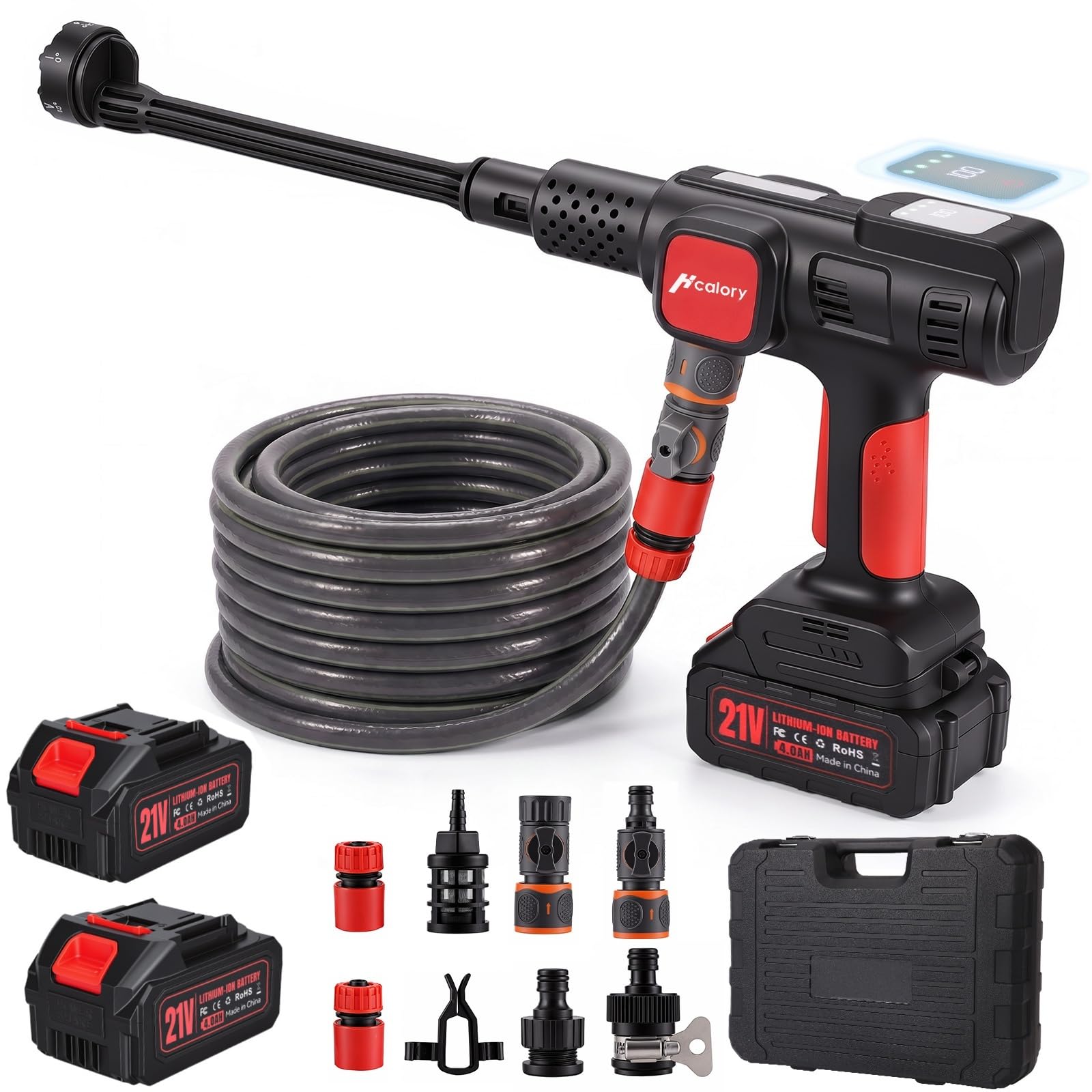 Akku Hochdruckreiniger, 240W bürstenloser Motor, 120 Bar Maximal Druck, Direkter Wasserhahnanschluss+Absperrventil, 2x4000mAh Akku, 4 Druckstufen, 7-in-1 Düse+Schaumtank – für Auto, Terrasse, Haus