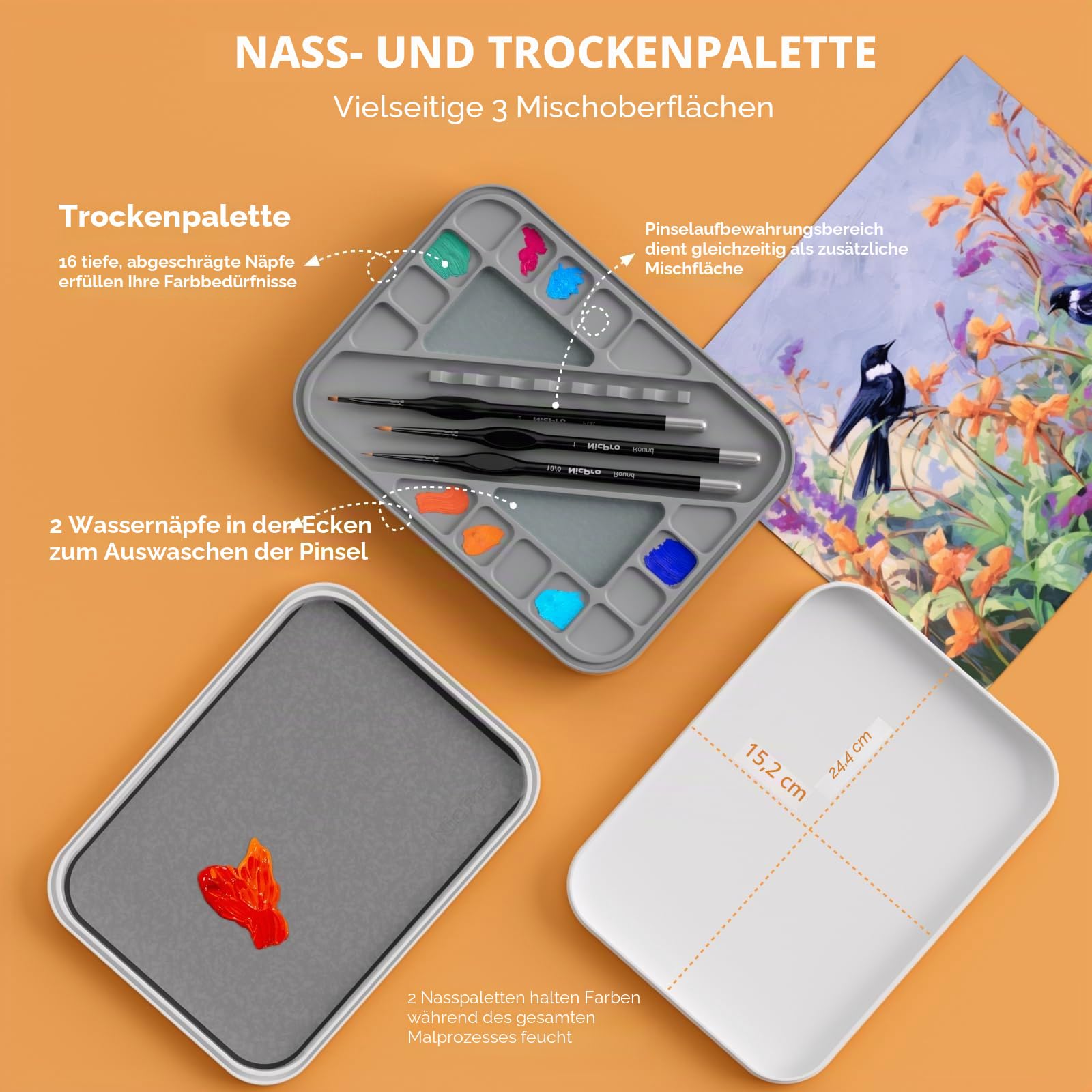 Nicpro Mischpalette mit Wet Palette und 11 Feine Pinsel, Dry Brush, 100 Nasspalettenpapier, 4 Schwämme, Pinselhalter, Mischpalette zum Sparen von Farben für Miniaturmodellmalerei