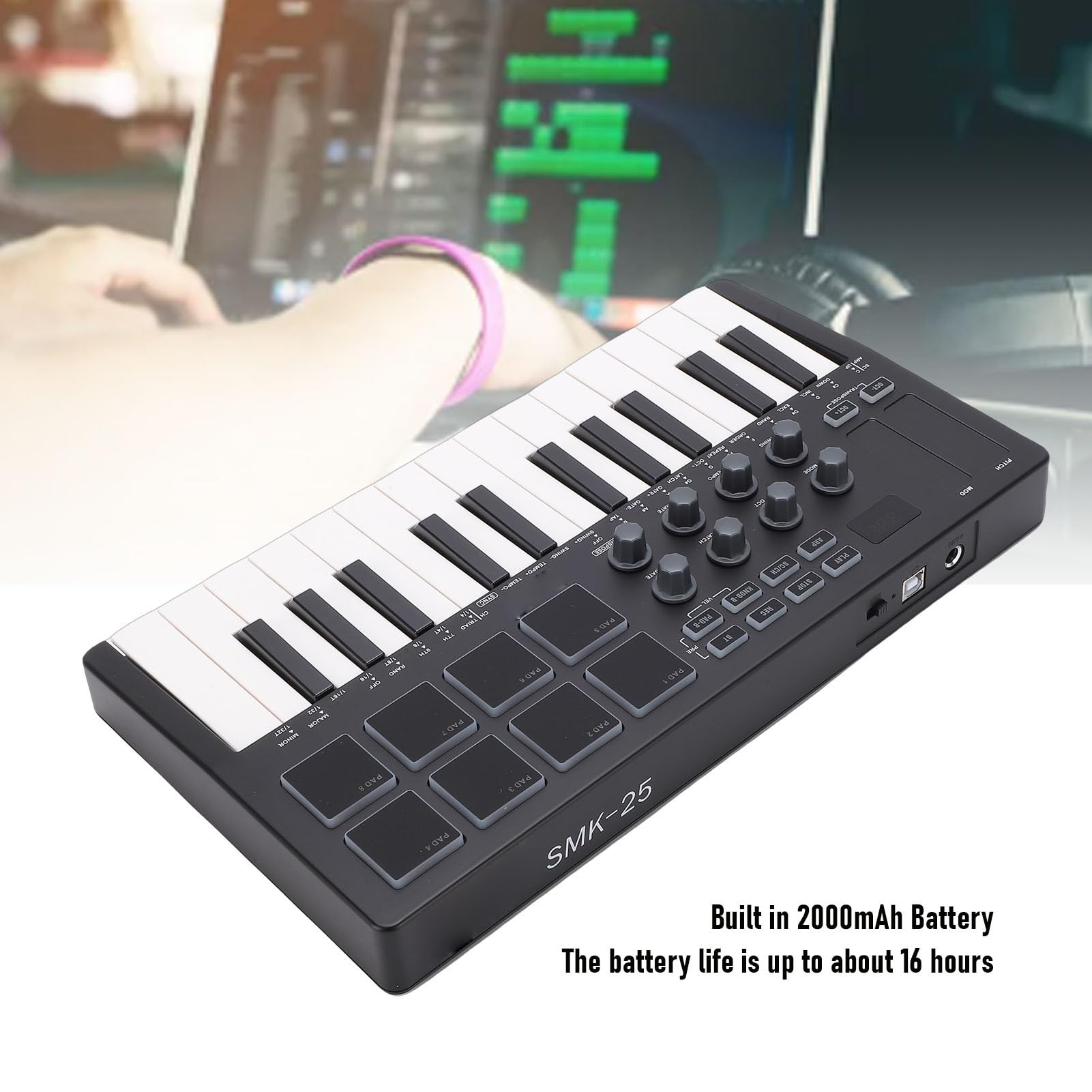 Teclado MIDI, Controlador MIDI Portátil con 25 Teclas, 8 Pads Retroiluminados RGB y 8 Perillas para Grabación en Computadora Producción Musical Piano Eléctrico (Negro)