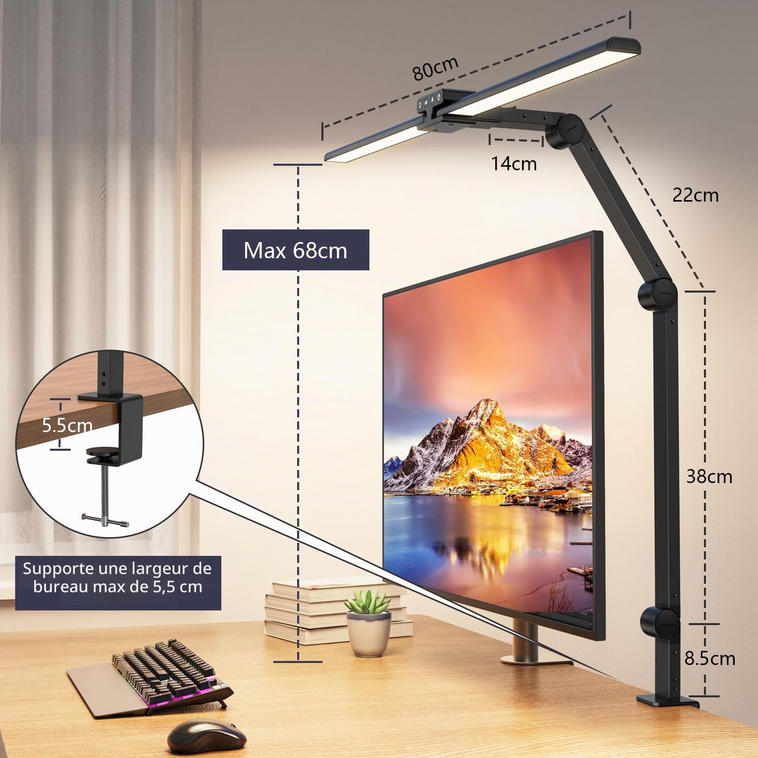 KableRika Lampe de bureau LED à pince, double tête, 24W réglable Noir | 1200 lm, 3 articulations stables à 225°, réglage automatique de la luminosité – idéale pour le bureau et le travail sur écran