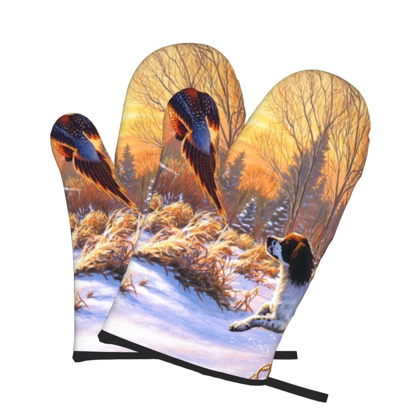 Oven Mitts Set of 2 Pcs, Dog Catching Pheasant Prints Heat Resistant Kitchen Gloves for Cooking Baking Grilling