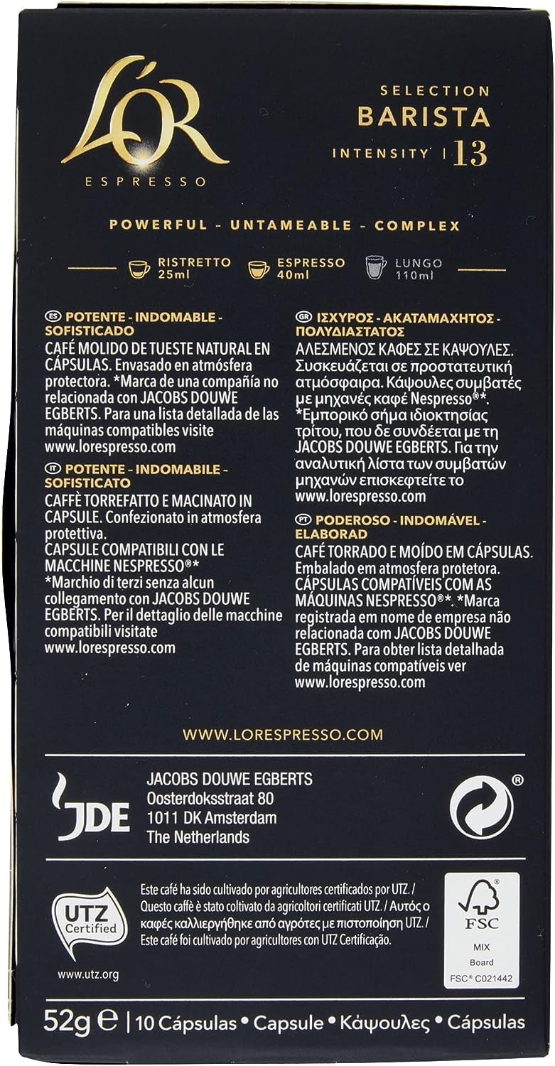 L'Or - Cápsulas de café espresso Barista - 230 cápsulas de aluminio - Intensidad 13 - Compatible con máquinas originales Nespresso®* - 23 cajas de 10 cápsulas