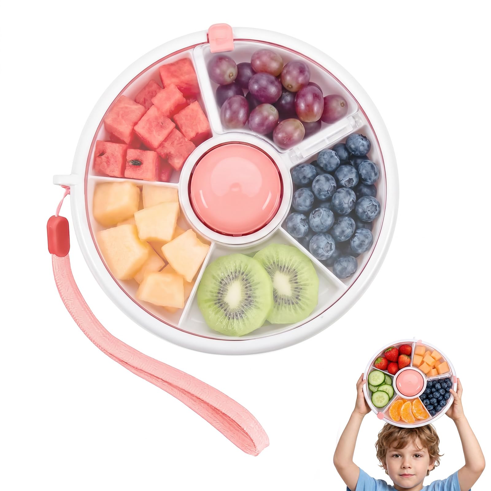 Excellaelite Red Snack Spinner With 5 Compartments And Lid,Portable Rotating Snack Box Reusable Leakproof Clear For Veggie Melon Candy Fruit Snacks Seeds