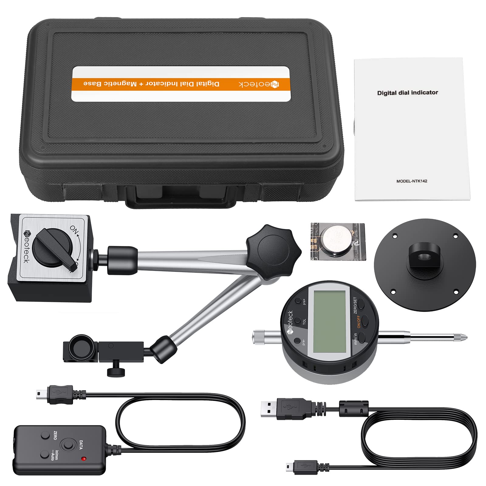 Neoteck Reloj Comparador0.01/0.0005'' Indicadora de Dial Digital y base magnética con Cable de Datos y Función de Tolerancia Conversión de Pulgadas/Métrica 25,4mm para Laboratorio Taller Impresoras 3D