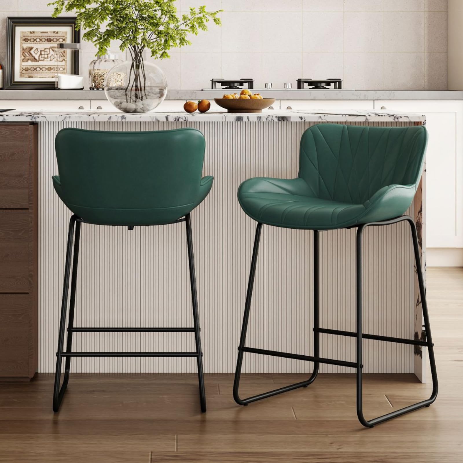 chairus Set of 2 Modern Bar Stools in PU Leather, Green 2pcs