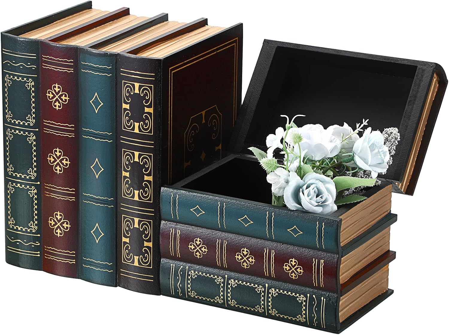 2 Pack Decorative Book Boxes, Wooden Vintage Book Shaped Trinket Box with Lid, Faux Stacked Hollow Books with Hidden Storage, Antique Container for Table Centerpiece, Bookshelf, Library Decor