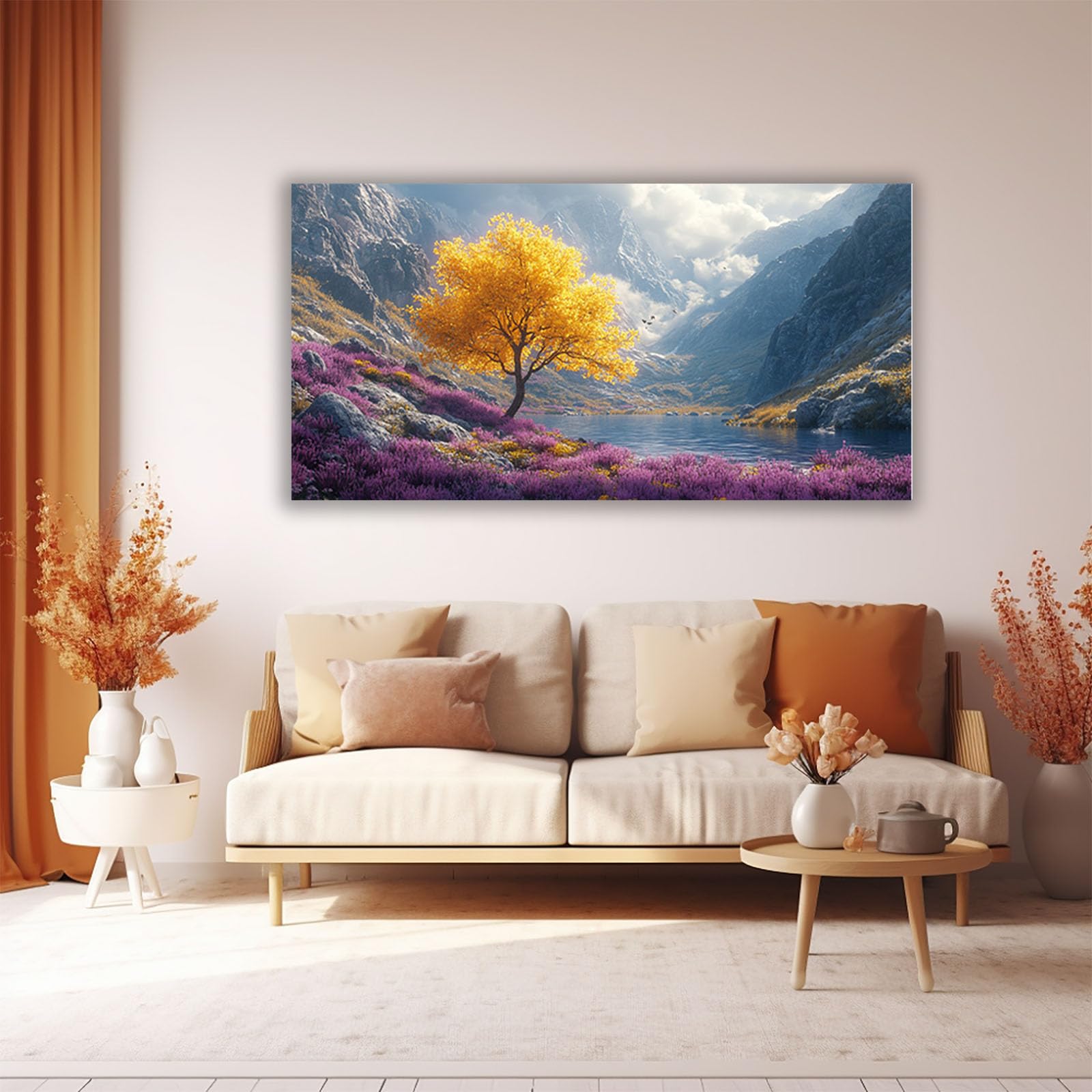 TERUEA Cuadros Decorativos Modernos Floral Brillante Árbol Amarillo Lago Flores Púrpuras Montaña Cuadros Decoracion Salon yoga femenino flor salud Lienzos decorativos（Amarillo-40x80cm Sin marco