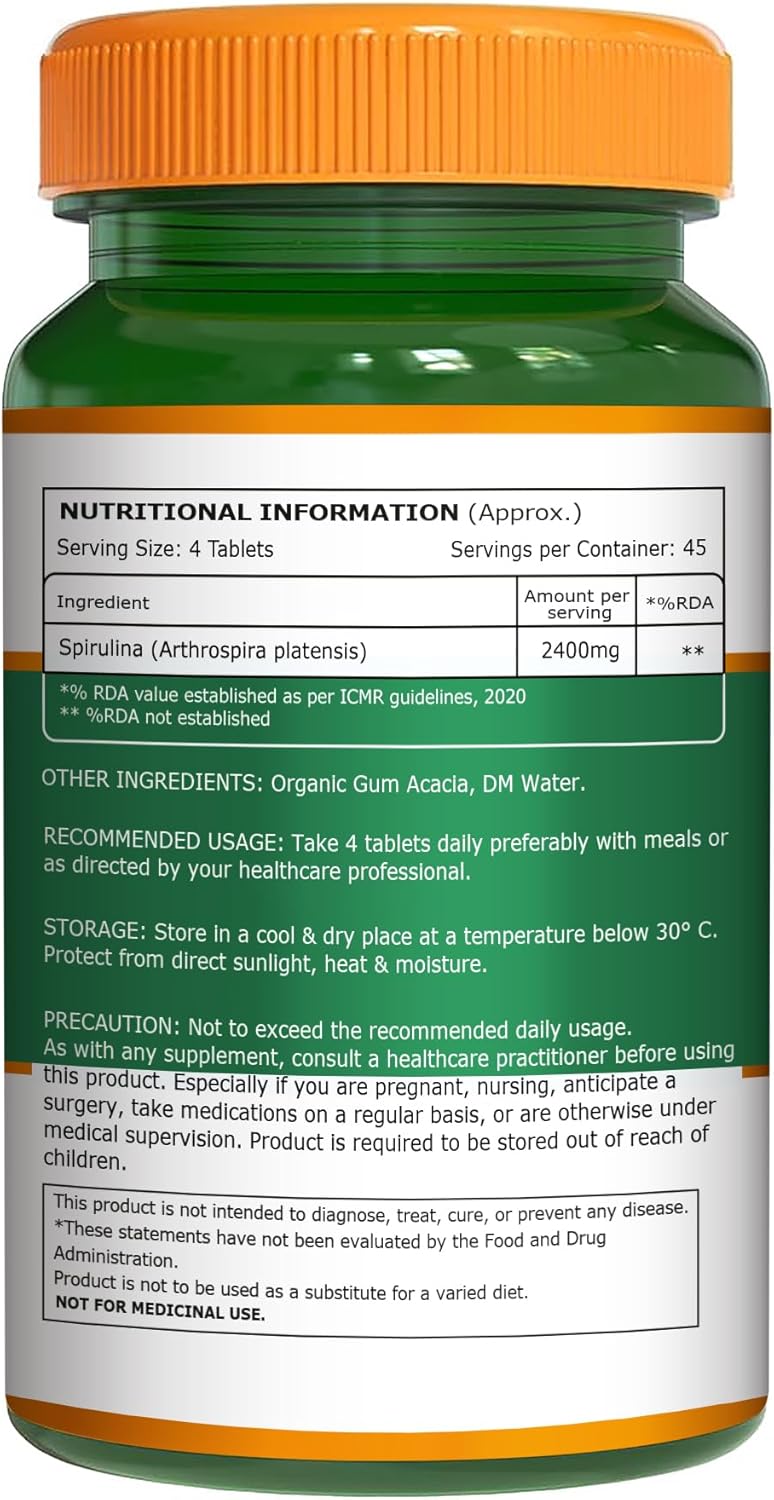 Pure Nutrition Organic Spirulina 2400mg per Serving | 180 Veg Tablets | Spirulina Powder Organic Tablets | Supports Healthy Skin & Boost Immunity | Non GMO