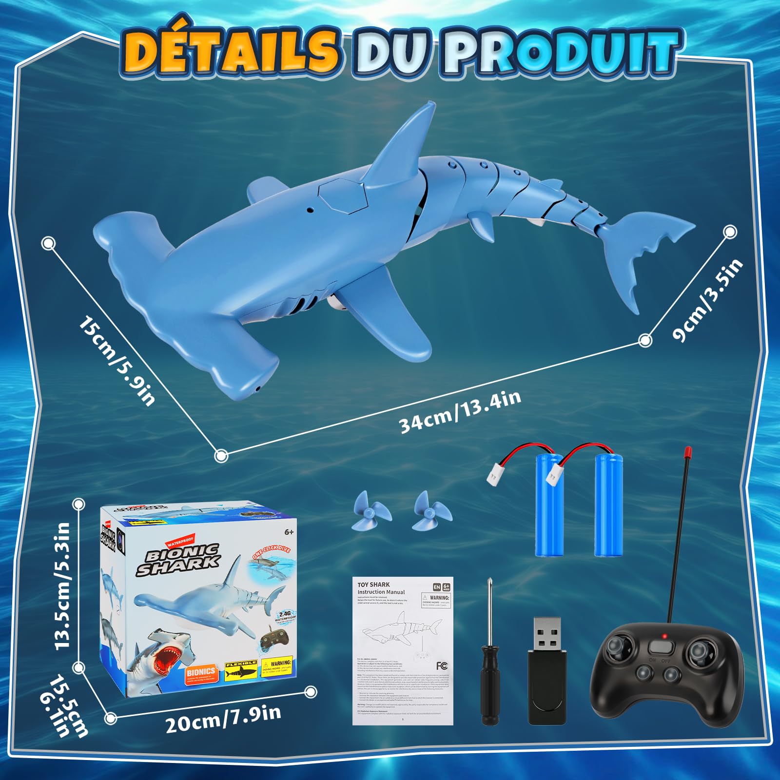 Requin Télécommandé avec Fonction de Plongée, 2.4 GHz RC Requin avec Lumières LED, Jouet Requin sous-Marin pour Piscine et Baignoire, Cadeau pour Enfants 6+ Ans Garçon Fille (Bleu)