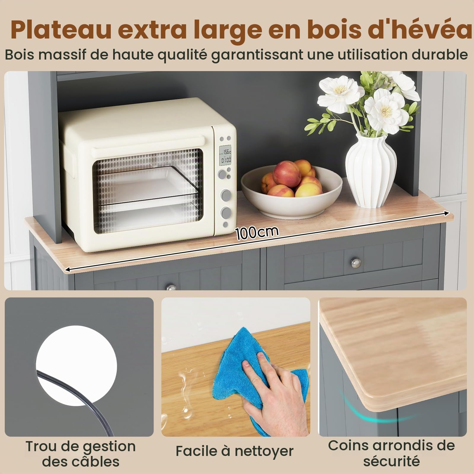 KOMFOTTEU Buffet Haut avec Support pour Poubelles, Colonne de Cuisine avec 2 Tiroirs & 2 Armoires à Portes, Meuble Rangementd de Cuisine, Plan en Bois Massif, 100 x 34 x 172 cm (Gris)