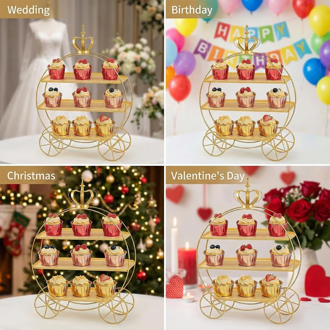 Soporte para pasteles con forma de carruaje corona de 3 niveles, bandeja para servir dulces y galletas de varios niveles, expositor de torre de postres con tazas gruesas para pasteles (Gold)