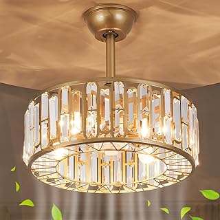 18" Crystal Caged Ceiling Fan with Lights and Remote, Modern Crystal Chandelier Gold Ceiling Fan with Light and Reversible Motor, Chandelier Ceiling Fan for Bedroom, Living Room, 52cm