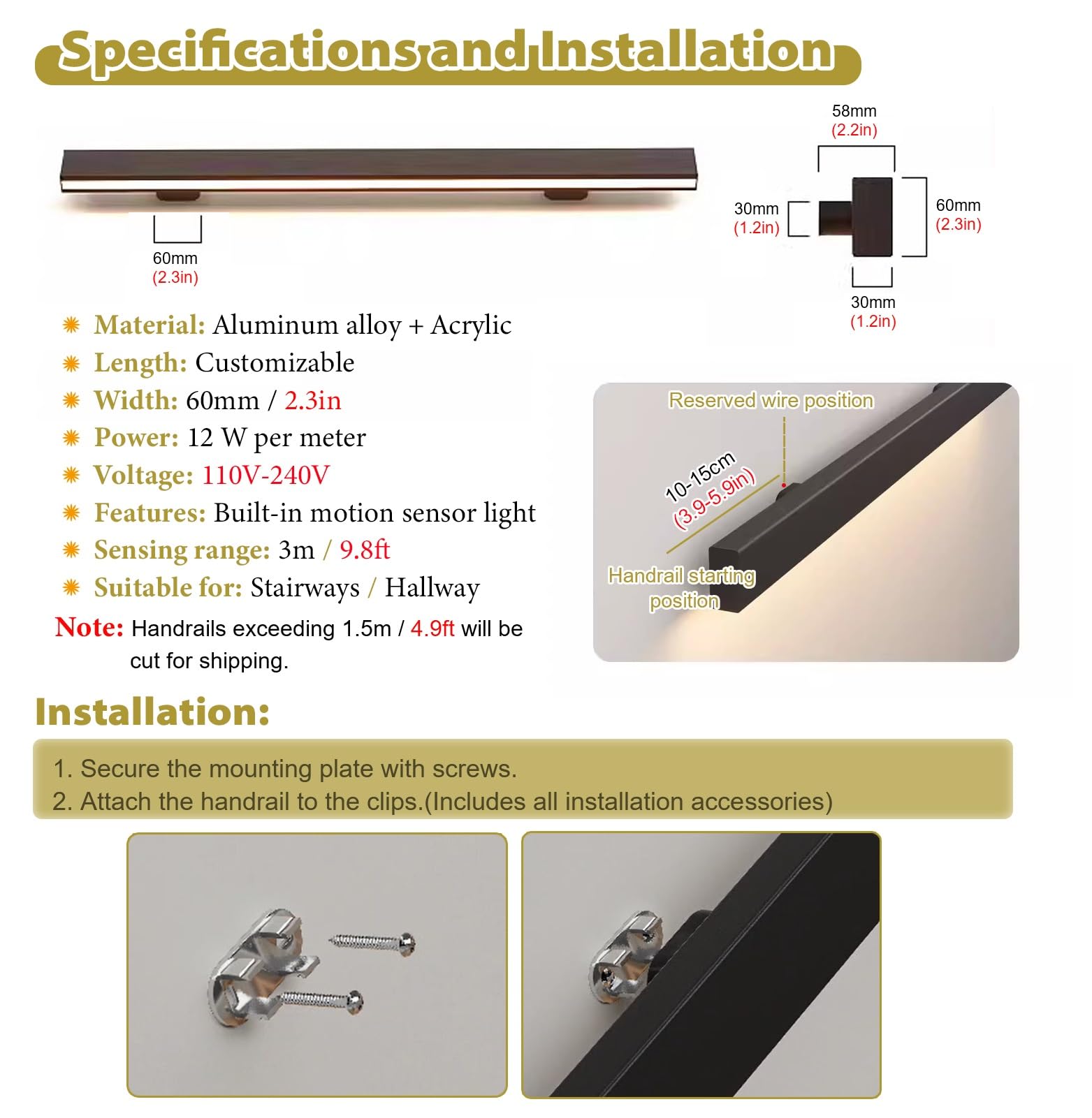 LED Mot Sensor il Lichter für Treppen, energieeffizientes Aluminiumgeländer mit 1,5 m schwarz beleuchteter Beleuchtung für Innen Außen Stufen sicher