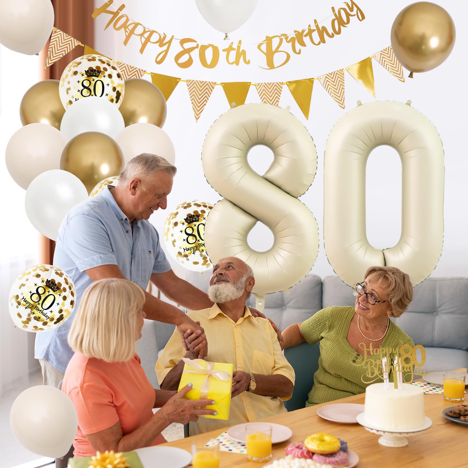 80. Geburtstag Deko Set - Luftballons, Banner, Girlande für Frauen und Männer - Beige Gold Partydekoration mit Tortendeko für 80 Jahre Jubiläum
