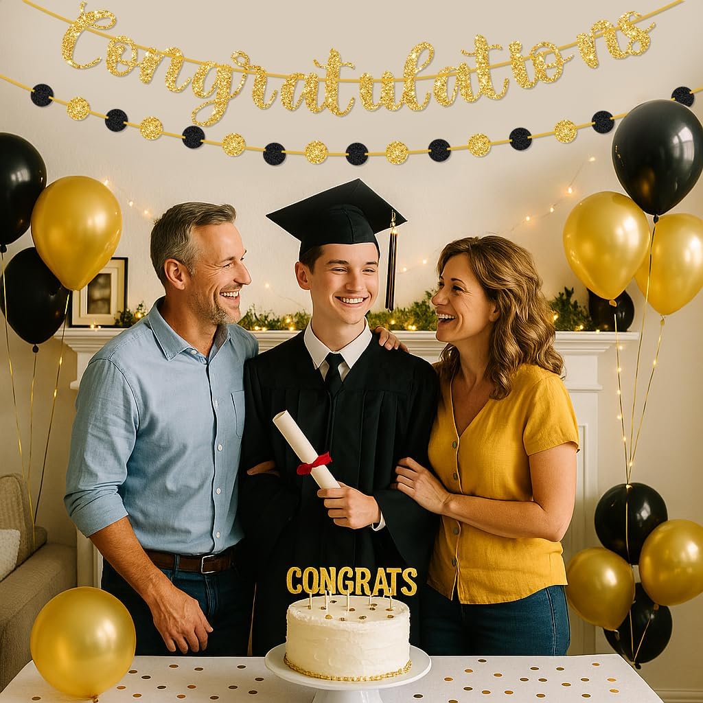 Gold Congratulations Banner – Pre-Strung Glitter Graduation Decorations for Party, Promotion, Wedding, Retirement, or Work Celebration – Reusable Congrats Sign for Backdrop or Fireplace - Image 2