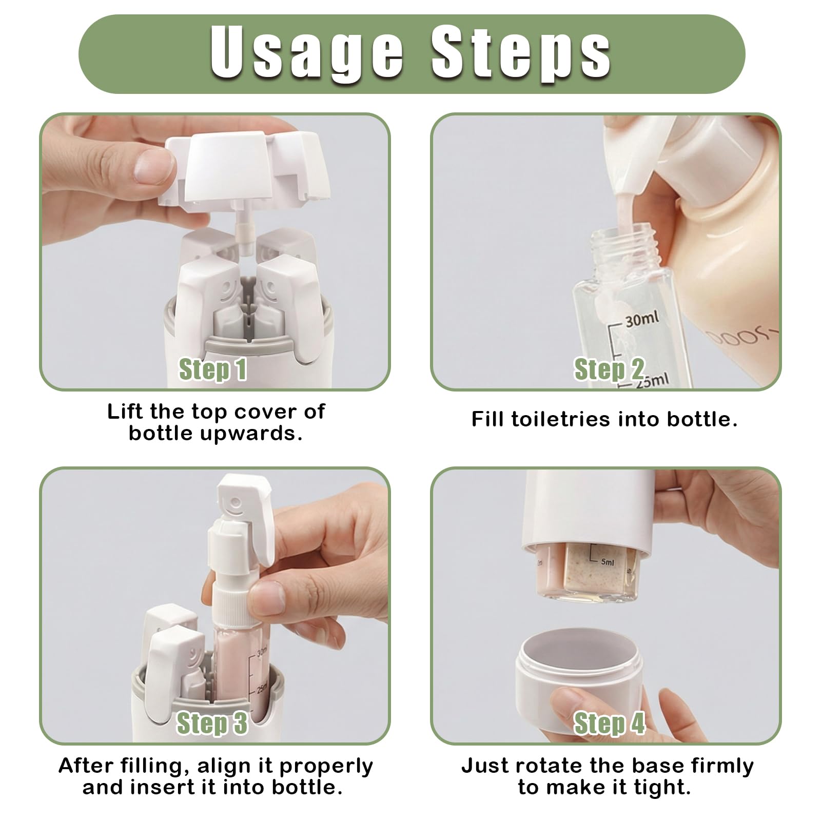 2PCS 4-in-1 Travel Dispenser Bottles, Refillable 40ml Toiletry Containers