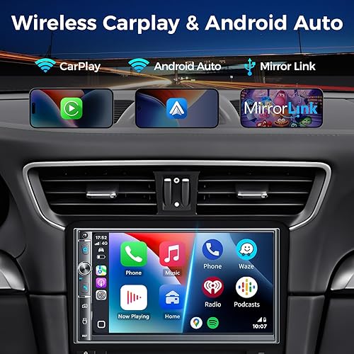 Miniatura 2 de Estéreo de auto doble DIN con pantalla táctil HD de 7 pulgadas, Apple Carplay inalámbrico y Android Auto, Bluetooth, 240W, SWC, salida de subwoofer,