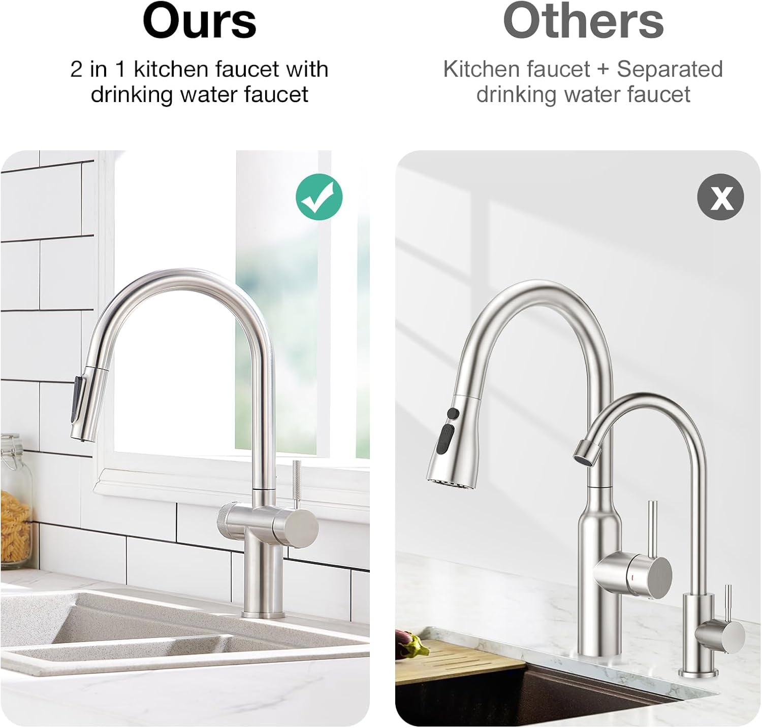 CREA 3 Way Kitchen Faucet with Filtered Water Outlet & Pull Down Sprayer, Stainless Steel Kitchen Faucets Use with Water Filter, Drinking Water Faucet for Kitchen Sink Reverse Osmosis (RO), Brushed