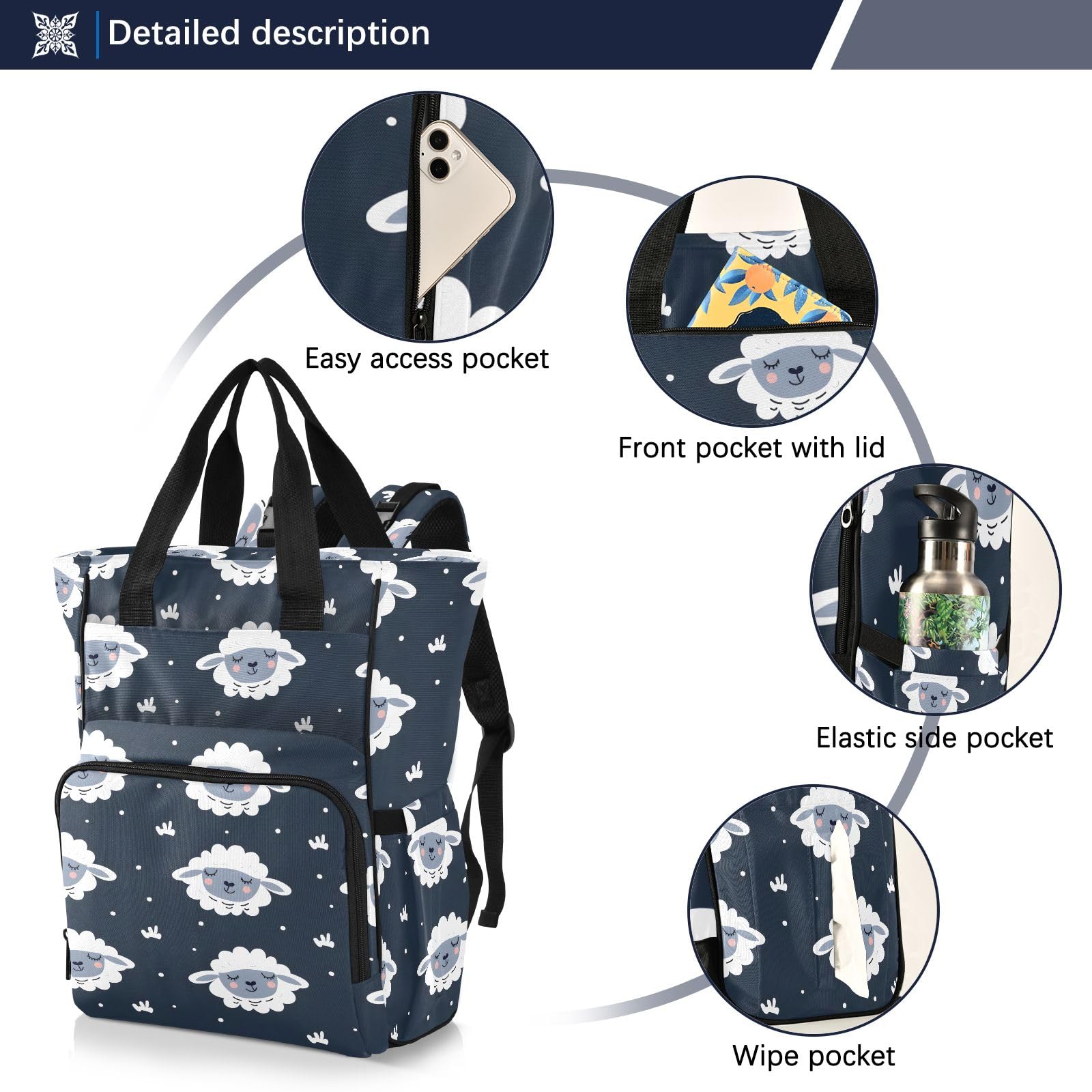 Mnsruu Pecore su sfondo blu scuro (2) borsa per pannolini per bambini zaino grande borsa impermeabile da viaggio borse per pannolini per mamme e papà