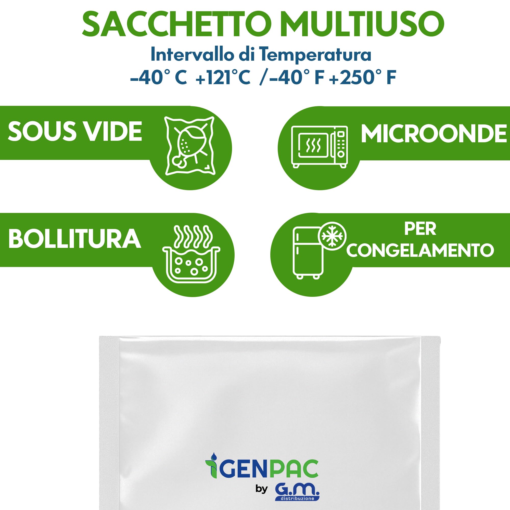 GM 100 Buste Sottovuoto Lisce 10x20 cm BPA Free – Sacchetti per Cottura Sous Vide Professionale, Congelatore e Frigo – Resistenti da -40 °C a 121 °C, Idonee Alimenti, Alta Tenuta Ermetica