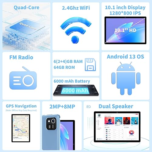 Miniatura 2 de WXUNJA Tablet Android 13, 6 GB (2+4) RAM 64 GB ROM, procesador de cuatro núcleos, cámara dual, WiFi, Bluetooth, expansión de 1 TB, tableta