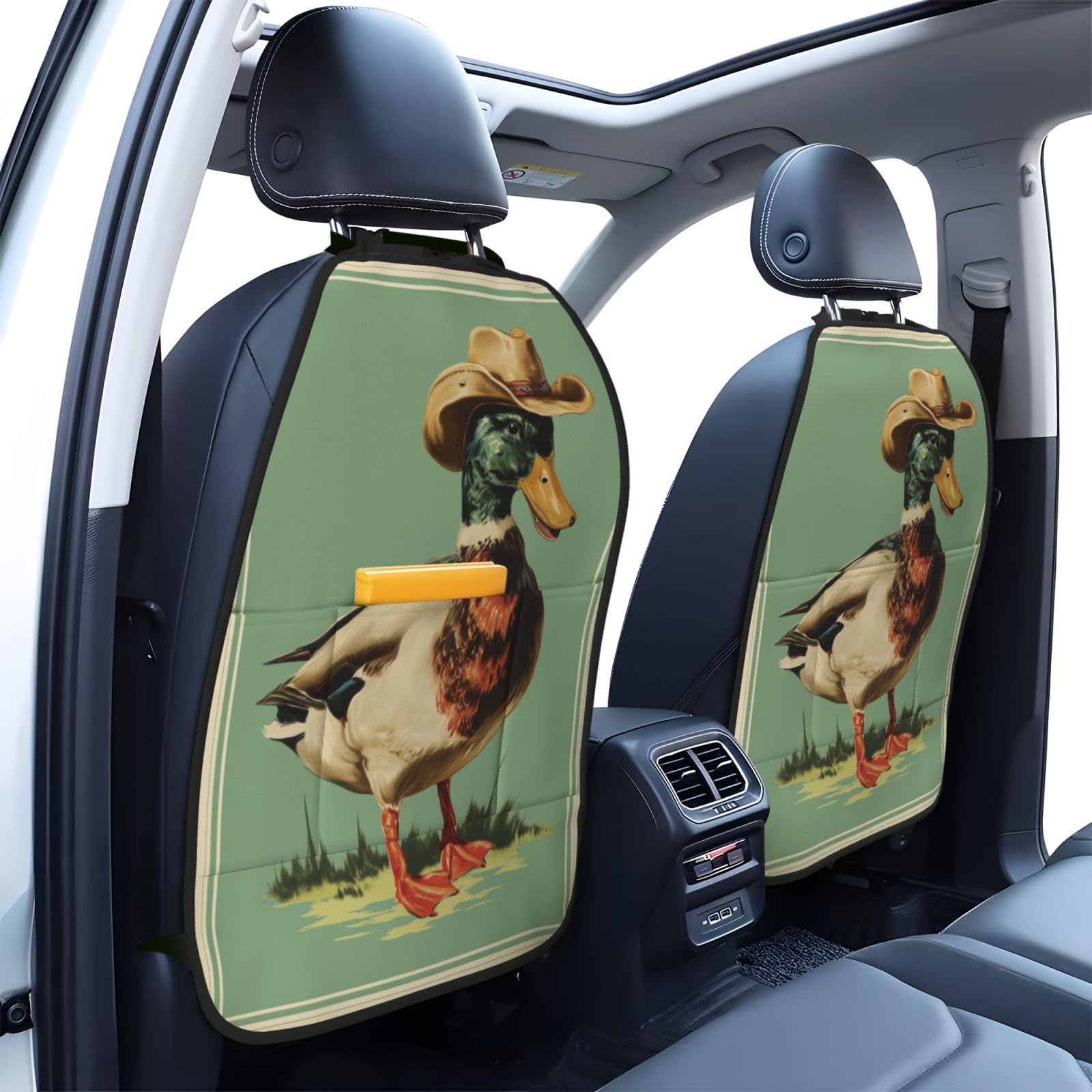 Retro Mallard Duck with Cowboy Hat Car Seat Back Kick Protectors,2 Pack Kick Mats with Storage Pockets for Vehicles to Protect from Dirt Mud Scratches