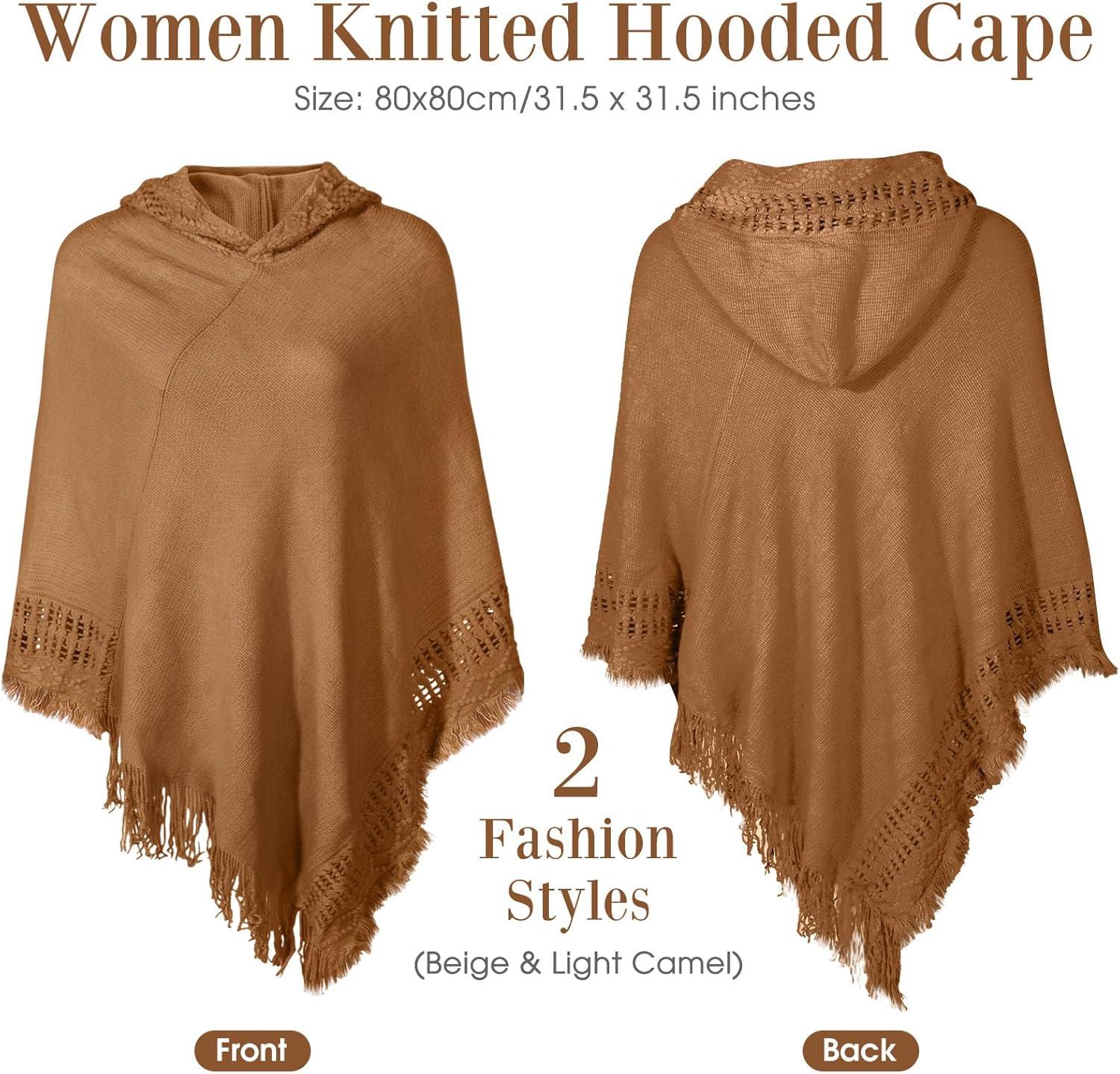 Liitrsh Shawl Poncho Sweaters for Women Knitted Hooded Cape with Fringed Hem Crochet Poncho Pullover Sweaters - Image 3