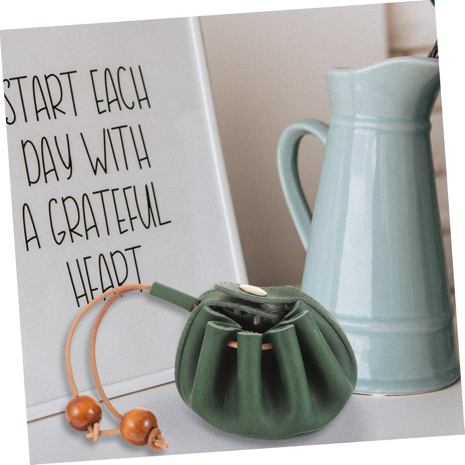 2pcs Drawstring Bag Green Manual Coin Purse Genuine Leather Men and Women