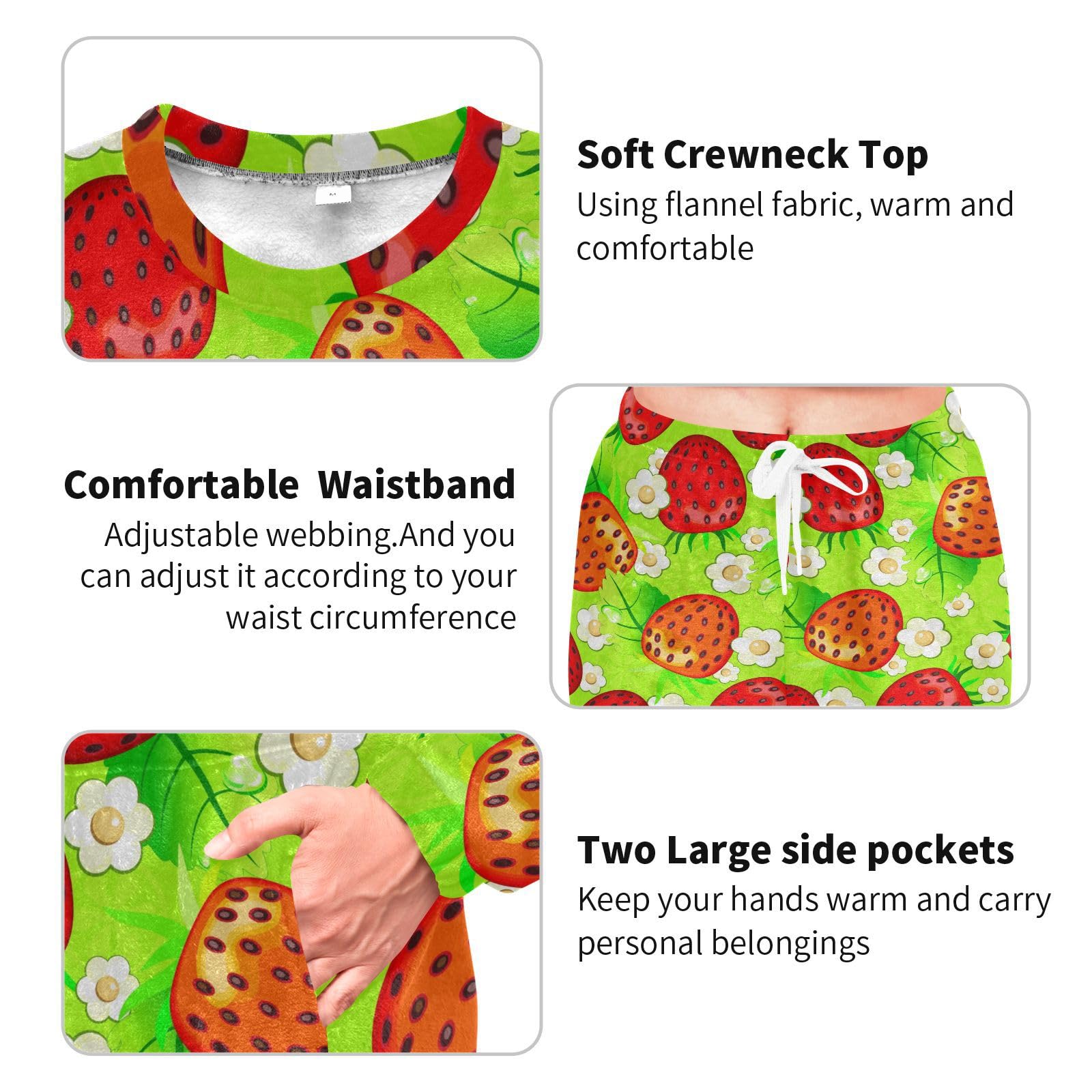 Damen-Schlafanzug-Set, Erdbeer-Muster, Pyjama-Pyjama, Winter, warme Nachtwäsche, Loungewear-Set für Frauen und Mädchen