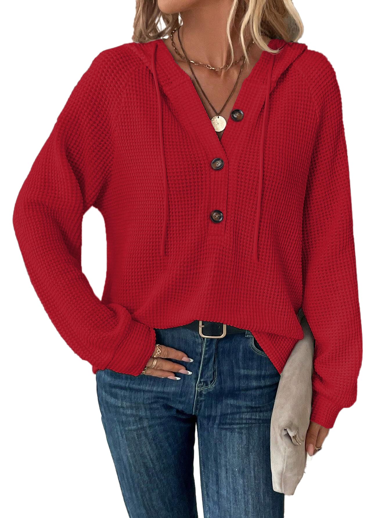 RIROW Womens Tops Long Sleeve Hoodies Waffle Drawstring Sweatshirt 2025 New S-3XL