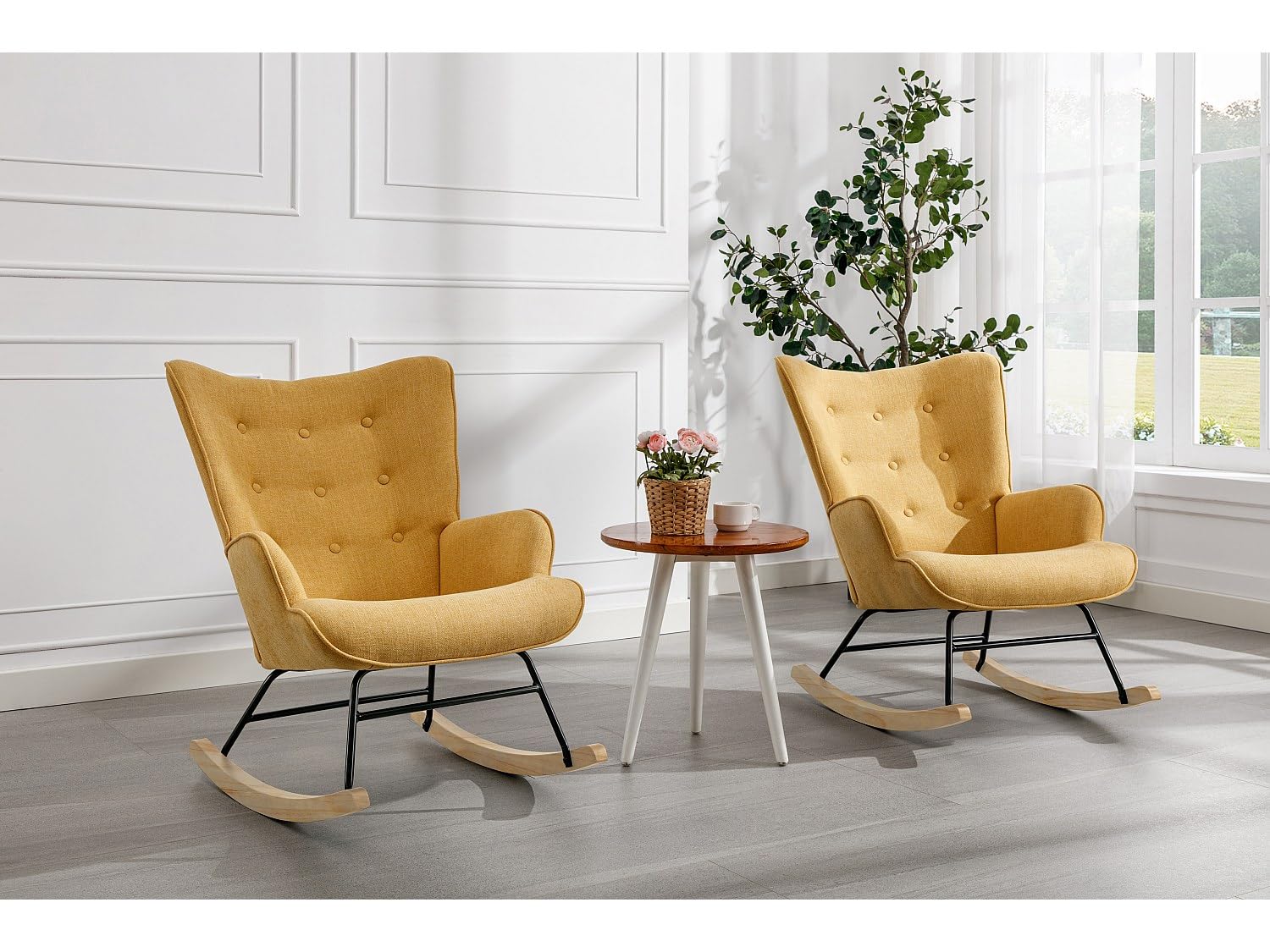 Vente-unique - Fauteuil à Bascule en Tissu chiné Jaune Moutarde ELMINA II
