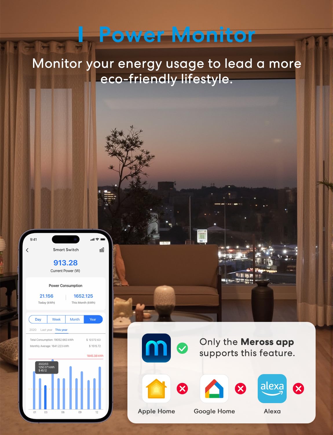 Meross Przełącznik Wi-Fi Matter, inteligentny przełącznik 16 A z pomiarem energii, inteligentny przełącznik modułowy kompatybilny z Apple Home, Alexa i Google Home, sterowanie głosowe