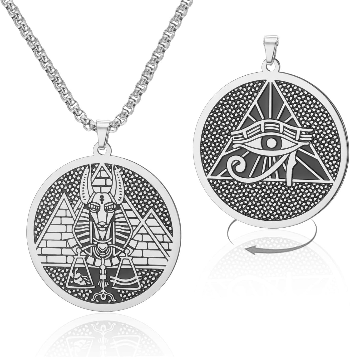 HURUMA Stainless Steel Egyptian Ankh Eye of Horus Anubis Pendant Necklace Pyramid Medallion Amulet Protection Jewelry for Men Women, Silver-Box Chain